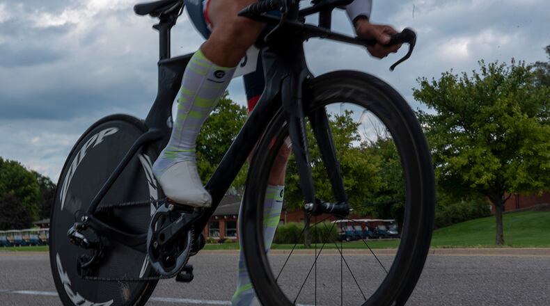 A competitor prepares to start the monthly Blue Streak Time Trial on Sept. 13 at Wright-Patterson Air Force Base. Bikers follow a 10-mile path around Wright-Patt’s flightline. U.S. AIR FORCE PHOTO/AIRMAN 1ST CLASS JAMES JOHNSON
