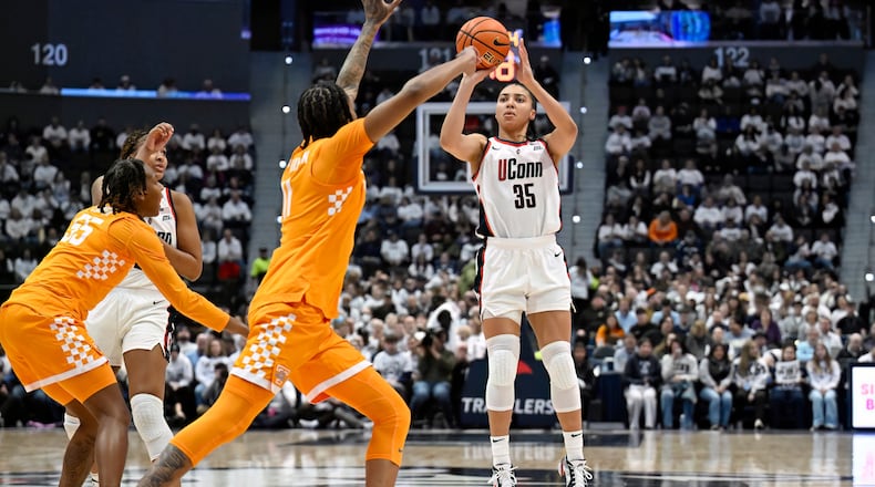 UConn guard Azzi Fudd (35) shoots in the first half of an NCAA college basketball game against Tennessee, Sunday, Feb. 1, 2026, in Hartford, Conn. (AP Photo/Jessica Hill)