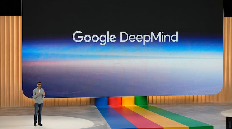 FILE - Alphabet CEO Sundar Pichai speaks about Google DeepMind at a Google I/O event in Mountain View, Calif., Wednesday, May 10, 2023. (AP Photo/Jeff Chiu, File)