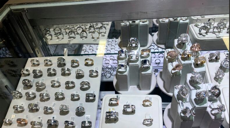 FILE - This undated photo released by the FBI shows a jewelry showcase displaying some of the jewelry that was taken during a July 11, 2022 jewelry heist in Southern California where thieves stole millions of dollars worth of jewelry and gemstones near a rest stop in the unincorporated community of Lebec, Calif. (FBI via AP, File)