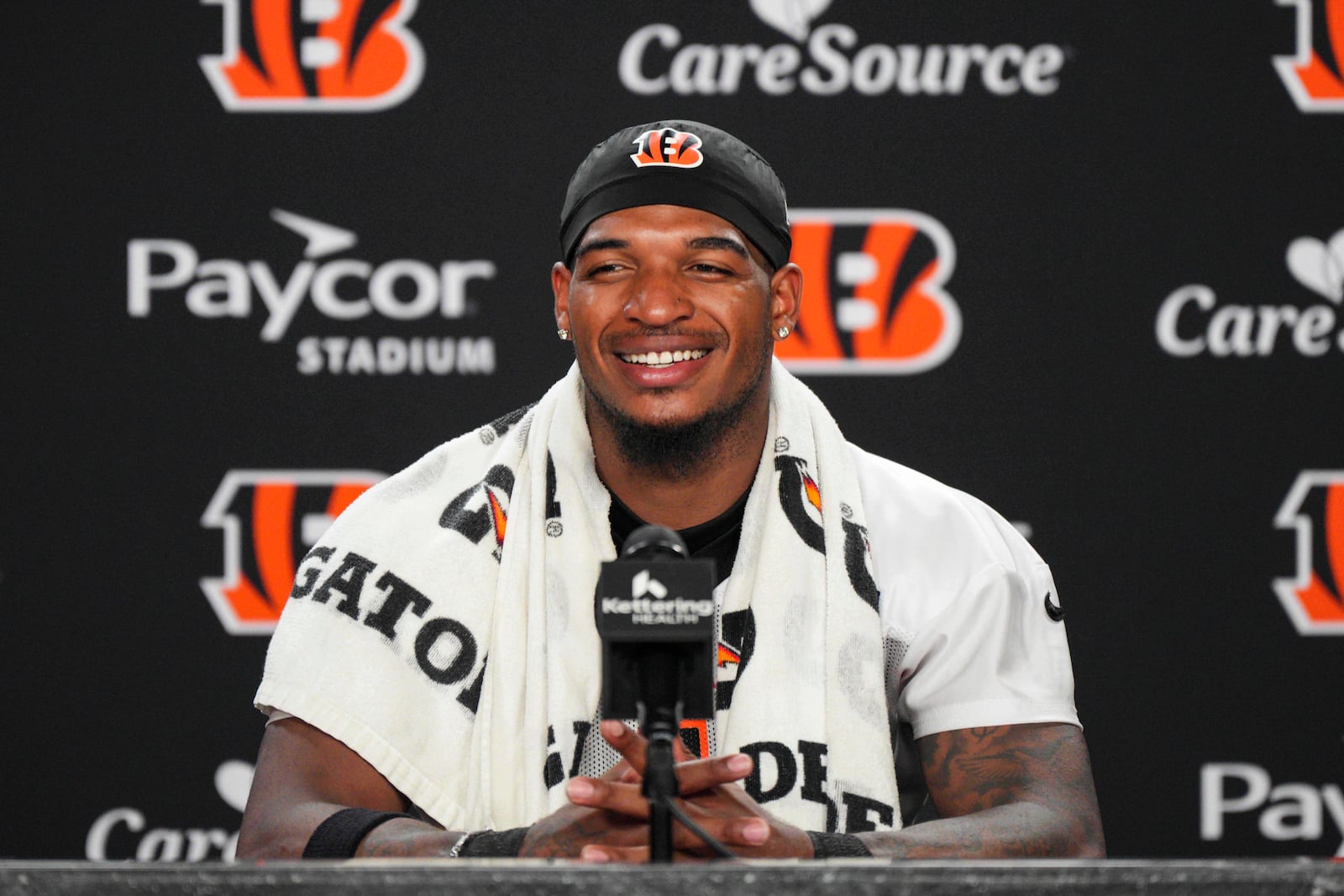 Cincinnati Bengals' Ja'Marr Chase speaks during a press conference at the team's NFL football training camp, Thursday, July 24, 2025, in Cincinnati. (AP Photo/Jeff Dean)