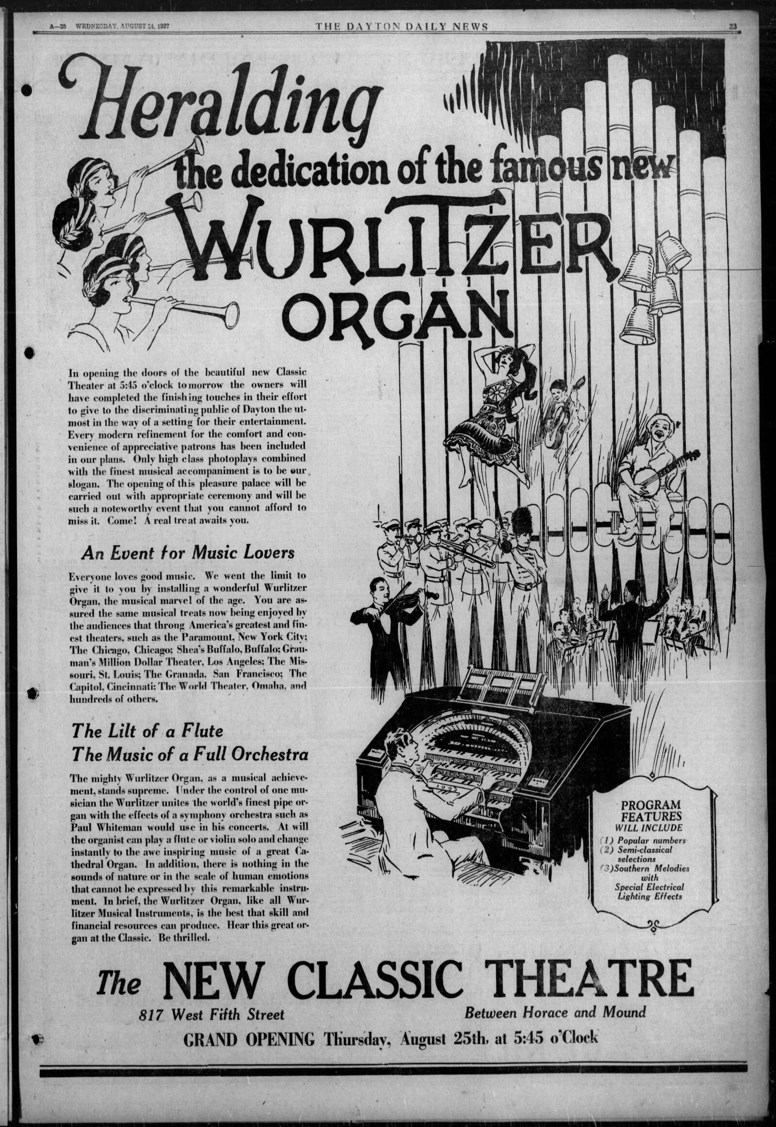 Wurlitzer pipe organ for the Classic theater in Dayton. DAYTON DAILY NEWS ARCHIVES