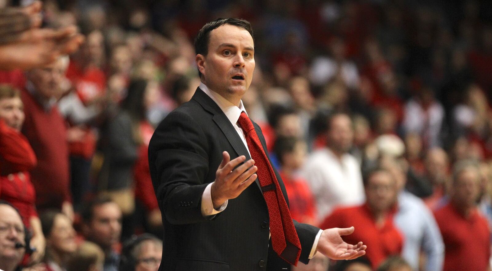 Former Dayton coach Archie Miller reacts to a call during a game against Saint Mary’s on Saturday, Nov. 19, 2016, at UD Arena. Miller will be introduced today as the new coach at Indiana. David Jablonski/Staff