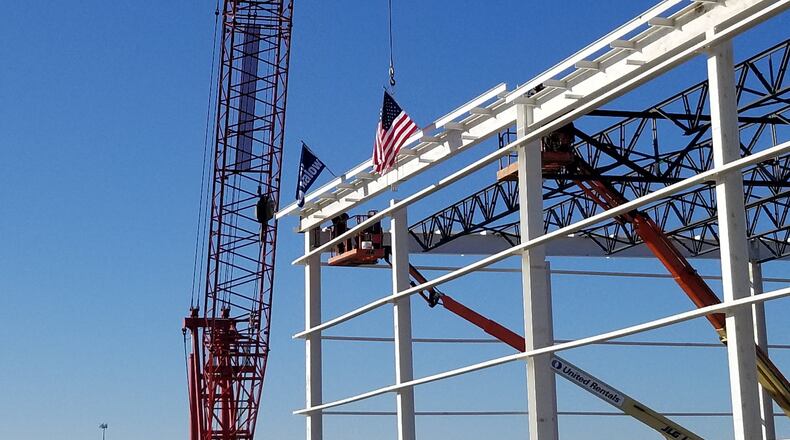 Construction continues on the new Brookville General Motors plant, which will machine parts for the DMAX diesel engine plant in Moraine. This is a photo of the construction site from earlier this year. CONTRIBUTED.