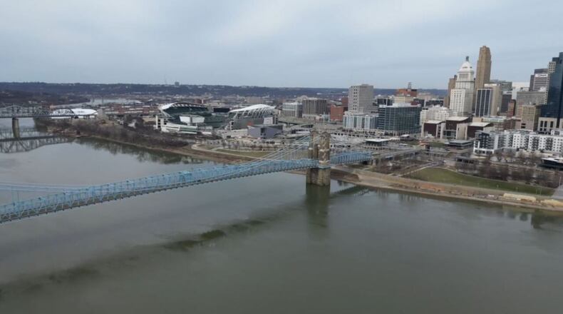 The Ohio River is seen by looking at Cincinnati from Covington, Ky. Greater Cincinnati Water Works closed Cincinnati's water intake in the Ohio River ahead of anticipated contaminated water from the East Palestine train derailment, the agency announced. MADDY SCHMIDT/WCPO
