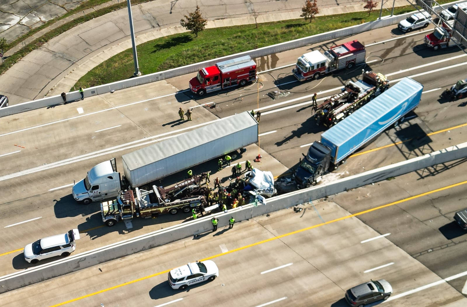 A crash involving at least two semi trucks was reported on Interstate 75 North in Dayton between U.S. 35 and West Second Street/Salem Avenue on Thursday, Nov. 6, 2025. NICK GRAHAM / STAFF