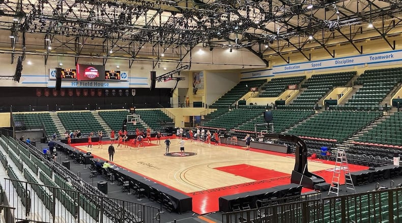 Dayton practices at the HP Field House, now known as State Farm Field House, before the ESPN Events Invitational in 2021. David Jablonski/Staff