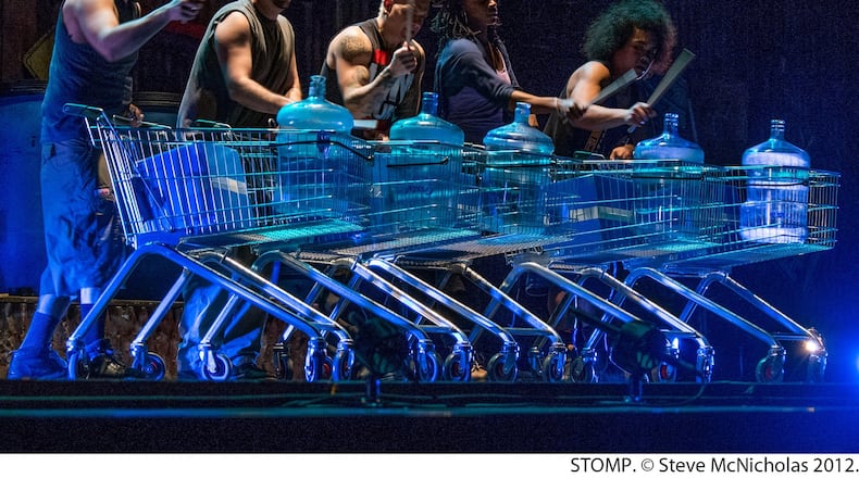 Everyday objects, including shopping carts, become part of the show when the eight members of “Stomp” bring music, dance and comedy to the stage. CONTRIBUTED