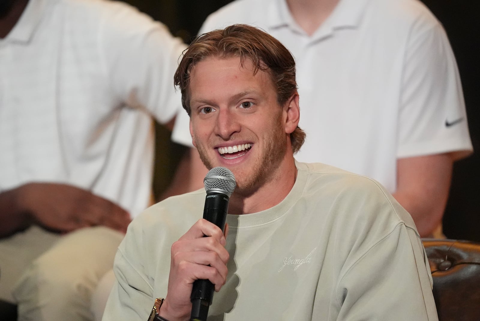 FILE - Grant House speaks during a players' association for college athletes meeting ahead of the college football's national title game, Saturday, Jan. 18, 2025, in Atlanta. (AP Photo/Brynn Anderson, File)