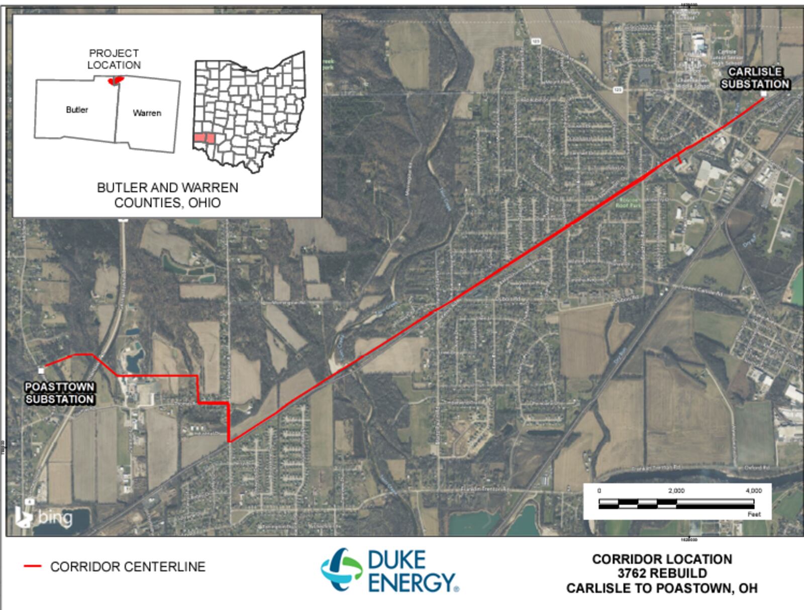 This is a map that was sent to the city of Carlisle about replacing wood electric poles with metal poles to connect a 69-kilovolt line between the Carlisle and Poasttown substations in Butler and Warren counties. Duke Energy is requiring property owners to move sheds and other items out of its right of way. Many residents were unaware of the easement that was granted in 1924.  CONTRIBUTED/CITY OF CARLISLE