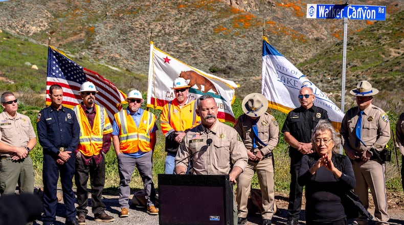 FILE - Riverside County Sheriff Chad Bianco speaks at a news conference in Lake Elsinore, Calif., Feb. 7, 2023, as officials announced that the closure of poppy fields at Walker Canyon until the wildflower bloom subsides. (Watchara Phomicinda/The Orange County Register via AP, File)