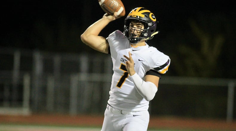 Centerville's Chase Harrison throws a pass against Wayne on Friday, Oct. 9, 2020, in Huber Heights. David Jablonski/Staff