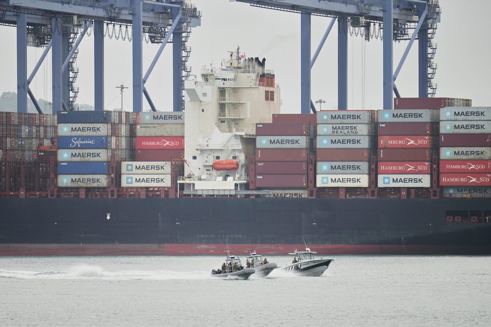 U.S. and Panamanian military patrol the Panama Canal during a joint drill held as U.S. Defense Secretary Pete Hegseth visits the Port of Rodman in West Panama, Tuesday, April 8, 2025. (AP Photo/Matias Basualdo)
