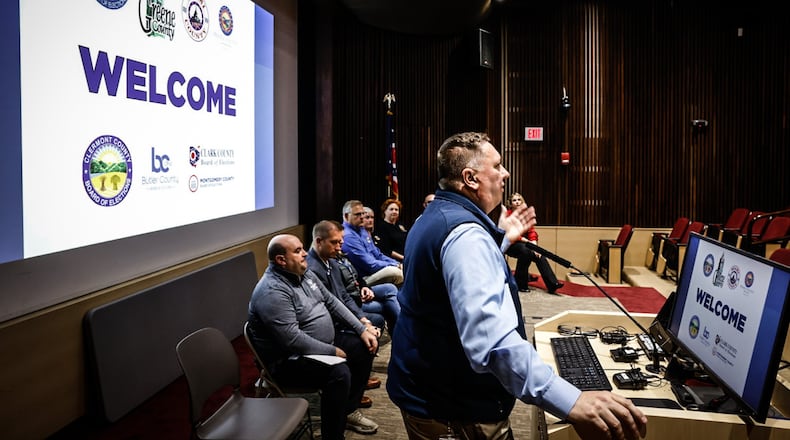 Montgomery County Board of Elections director Jeff Rezabek opens up a press conference to media questions for other board of elections directors from all over southwest Ohio about their prep for the November election. JIM NOELKER/STAFF