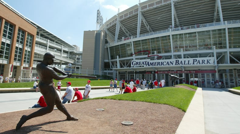 CINCINNATI, OH - MAY 9: A Frank Robinson statue outside the front entrance at The Great American Ball Park on May 9, 2004 in Cincinnati, Ohio. (Photo by Andy Lyons/Getty Images)