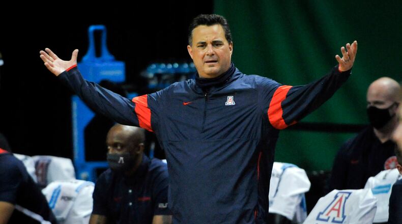Arizona head coach Sean Miller questions a call during the second half of an NCAA college basketball game against Arizona, Monday, March 1, 2021, in Eugene, Ore. (AP Photo/Andy Nelson)