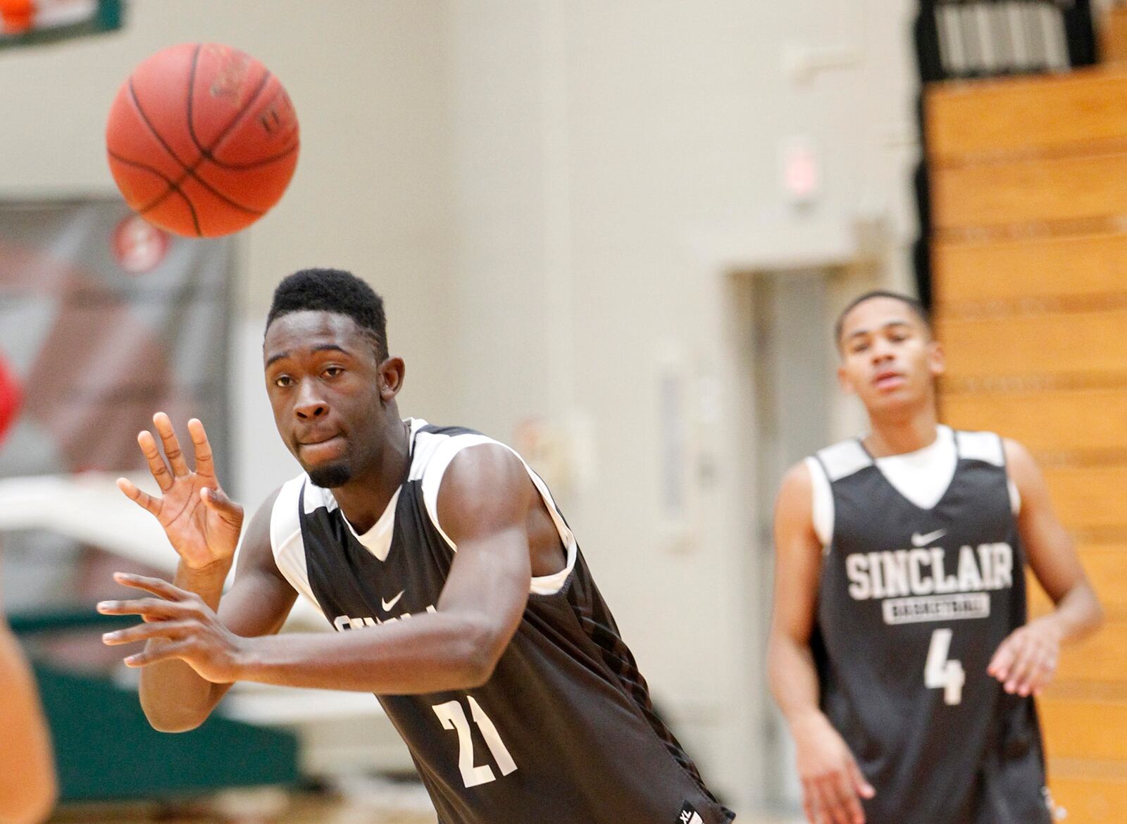 Javell Redwood is the center for the Sinclair Community College men's basketball team. Redwood and teammate Nicolay Bailey are from Jamaica. LISA POWELL / STAFF