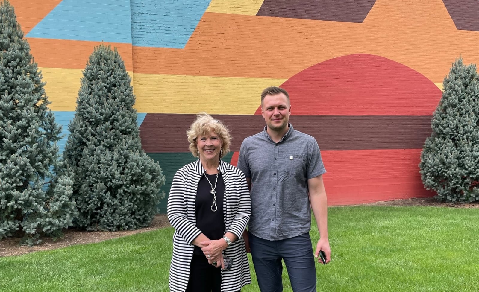 Mayor Bogdan Kelichavyi of Kopychyntsi municipality, Ukraine, spent part of Sept. 19 visiting locations of the late artist Aka Pereyma’s work around Troy. Here he greets Troy Mayor Robin Oda. CONTRIBUTED PHOTO