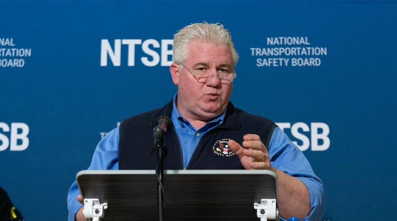 FILE - National Transportation Safety Board member Todd Inman speaks with reporters at Ronald Reagan Washington National Airport, Feb. 1, 2025, in Arlington, Va. (AP Photo/Jose Luis Magana, file)