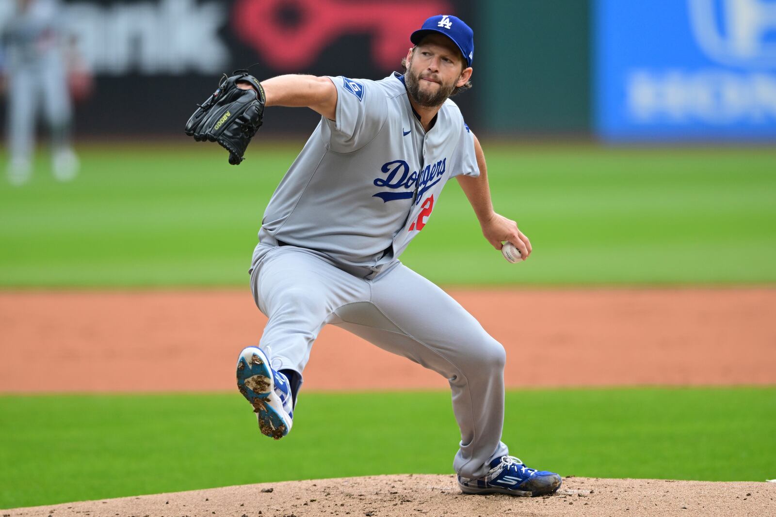 Los Angeles Dodgers starting pitcher Clayton Kershaw delivers during the first inning of a baseball game against the Cleveland Guardians, Wednesday, May 28, 2025, in Cleveland. (AP Photo/David Dermer)