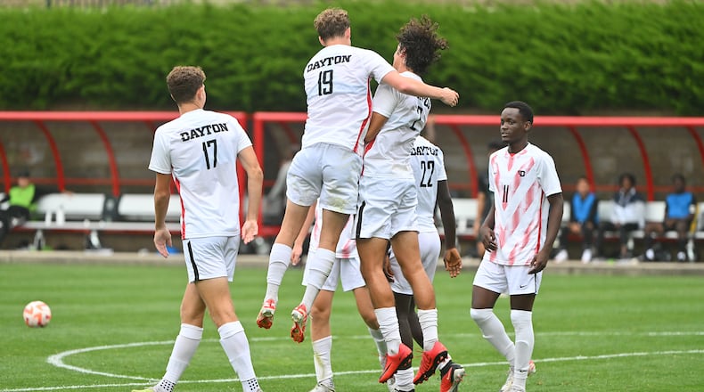 Dayton celebrates a goal during an exhibition game against Chicago State on Wednesday, Aug. 16, 2023. Photo courtesy of University of Dayton Athletics