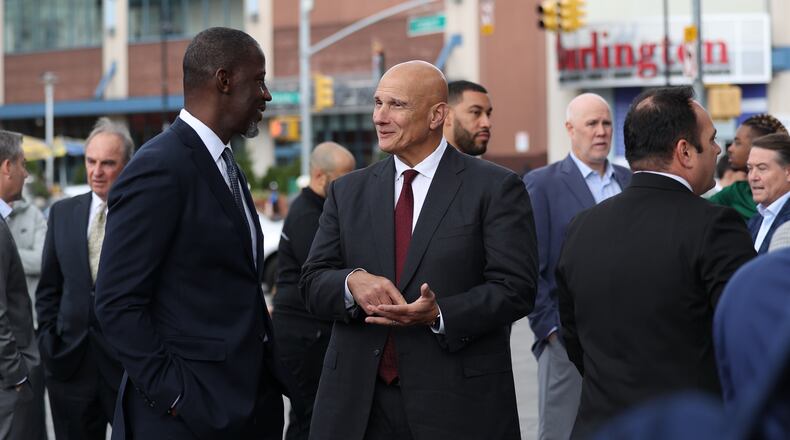 Dayton coach Anthony Grant talks to Massachusetts coach Frank Martin at Atlantic 10 Conference Media Day on Tuesday, Oct. 17, 2023, at the Barclays Center in Brooklyn, N.Y. David Jablonski/Staff