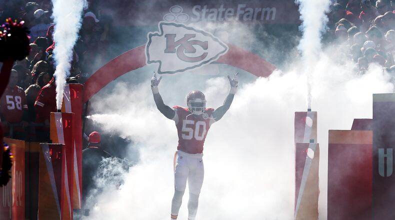 KANSAS CITY, MISSOURI - OCTOBER 13: Darron Lee #50 of the Kansas City Chiefs is introduced before the game against the Houston Texans at Arrowhead Stadium on October 13, 2019 in Kansas City, Missouri. (Photo by Jamie Squire/Getty Images)