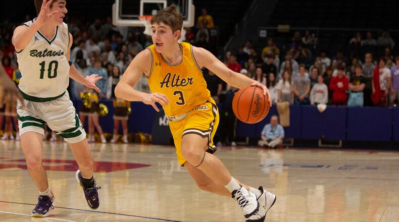 Alter's Anthony Ruffolo drives against Batavia's Kyler Myers during the first half of Wednesday night's Division II district final at UD Arena. Jeff Gilbert/CONTRIBUTED