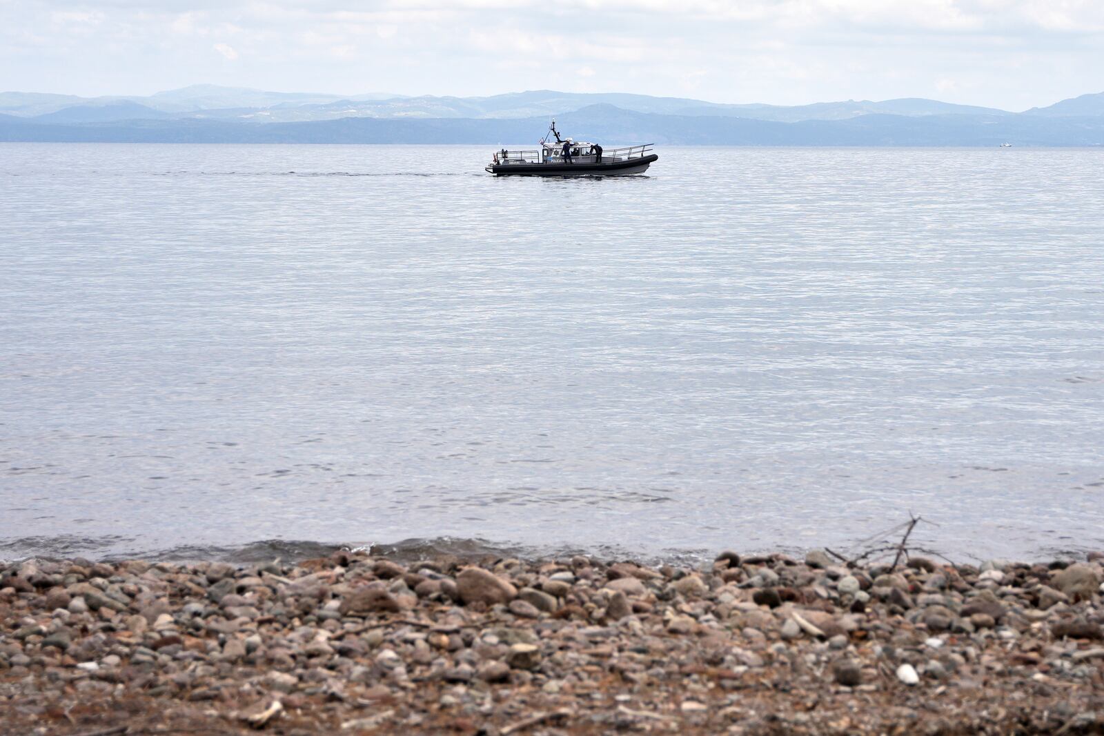 A Frontex vessel takes part in a search and rescue operation, after the capsizing of a boat carrying migrants, off the coast on the northeastern Aegean Sea island of Lesbos, Greece, Thursday, April 3, 2025. (AP Photo/Panagiotis Balaskas)