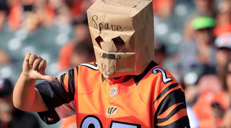CINCINNATI, OHIO - OCTOBER 20: A Cincinnati Bengals fan wears a bag on his head during the game against the Jacksonville Jaguars at Paul Brown Stadium on October 20, 2019 in Cincinnati, Ohio. The Bengals loss 27-17 to fall to 0-7 for the season. (Photo by Andy Lyons/Getty Images)