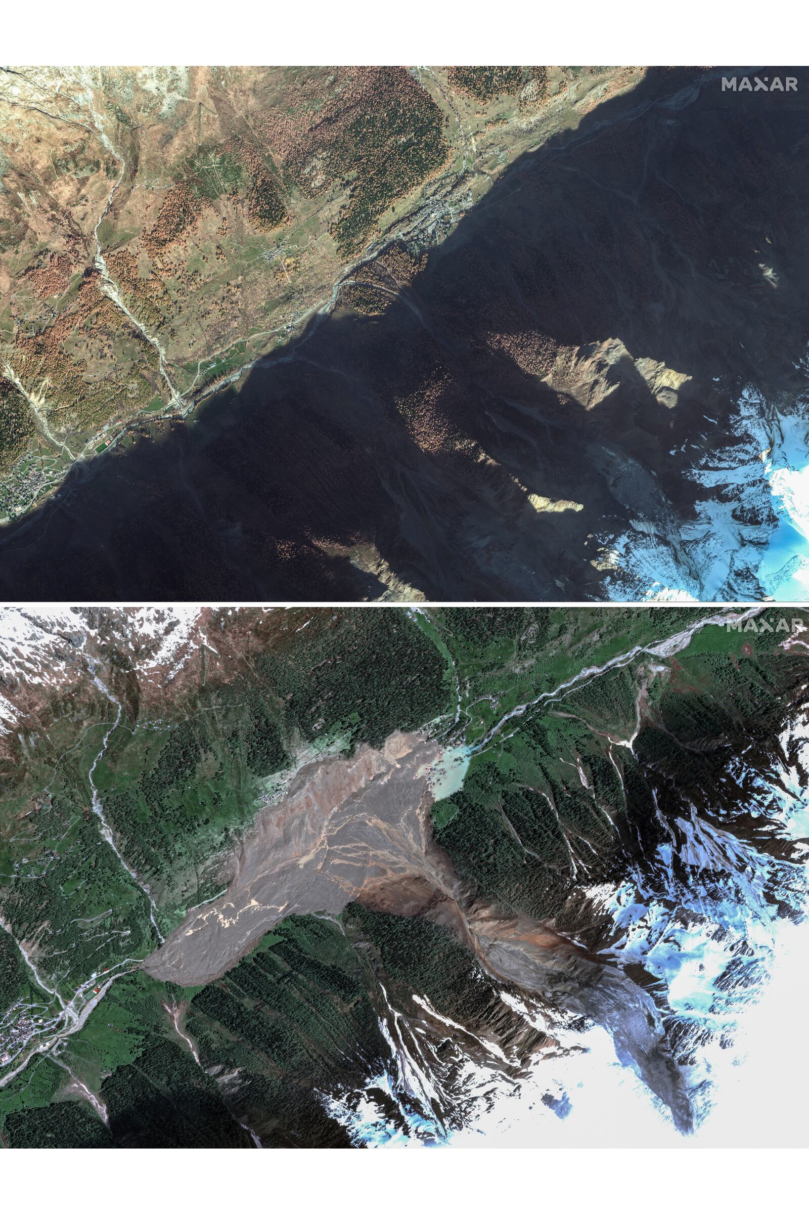This combo shows the village of Blatten, in Switzerland, on Nov. 3, 2024, top, and on Thursday, May 29, 2025, bottom, after suffering a mudslide. (Maxar Technologies via AP)