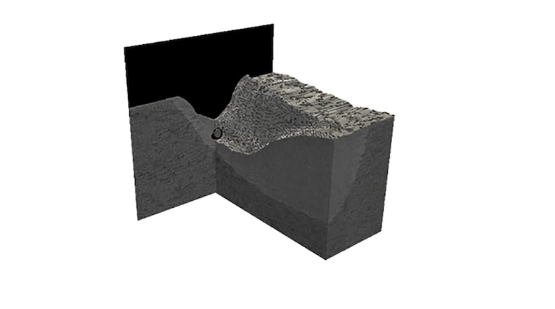 Depicted is a 3-dimensional reconstruction of an end-of-track defect observed in the processing of titanium. The remnant depression visible on the top surface can lead to defects when subsequent layers are deposited. Also visible are different microstructures in the substrate, heat affected zone and deposited material. Air Force Research Laboratory’s Materials and Manufacturing Directorate is responsible for performing in-house research and monitoring external projects dealing with metallic additive manufacturing technologies. (Courtesy illustration)