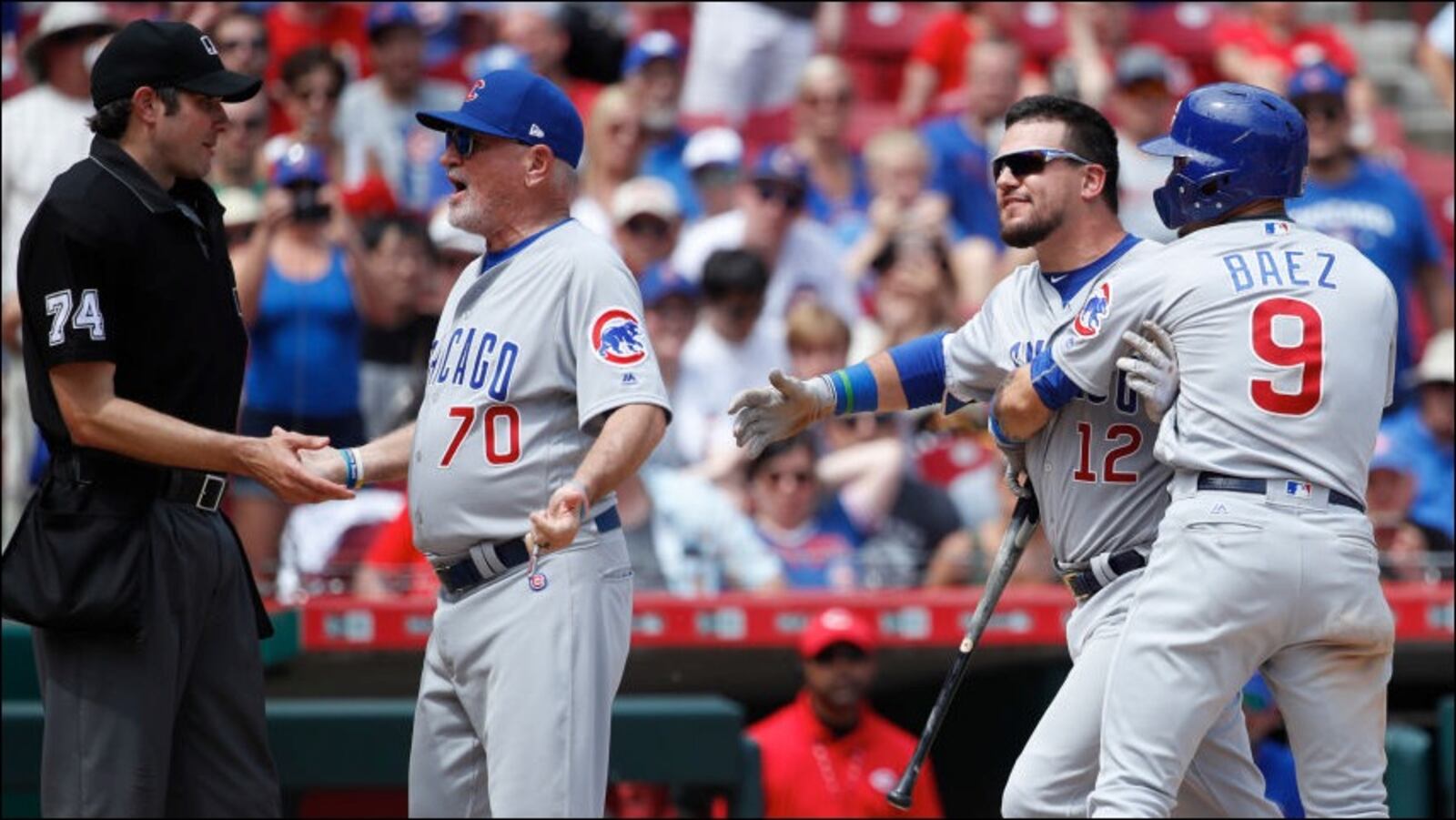 CINCINNATI, OH - MAY 20:  Kyle Schwarber #12 of the Chicago Cubs reacts after being ejected by umpire John Tumpane for arguing balls and strikes in the seventh inning against the Cincinnati Reds at Great American Ball Park on May 20, 2018 in Cincinnati, Ohio. The Cubs won 6-1. (Photo by Joe Robbins/Getty Images)