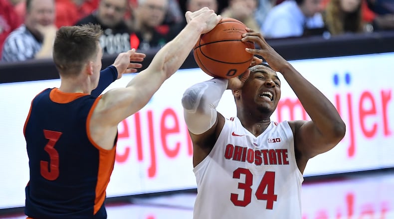 COLUMBUS, OH - DECEMBER 15: Jimmy Sotos #3 of the Bucknell Bisons strips the ball away from Kaleb Wesson #34 of the Ohio State Buckeyes in the second half on December 15, 2018 at Value City Arena in Columbus, Ohio. Ohio State defeated Bucknell 73-71. (Photo by Jamie Sabau/Getty Images)