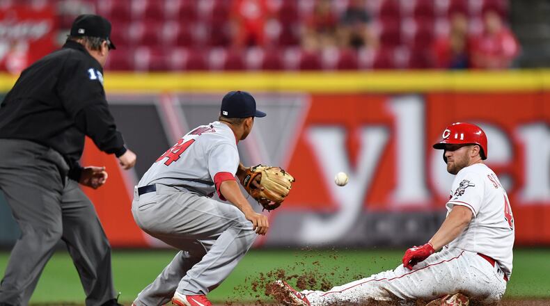 CINCINNATI, OH - JUNE 8: Scott Schebler #43 of the Cincinnati Reds slides safely at second base for a 10th inning double as Yairo Munoz #34 of the St. Louis Cardinals takes the throw at Great American Ball Park on June 8, 2018 in Cincinnati, Ohio. St. Louis defeated Cincinnati 7-6 in 10 innings. (Photo by Jamie Sabau/Getty Images)