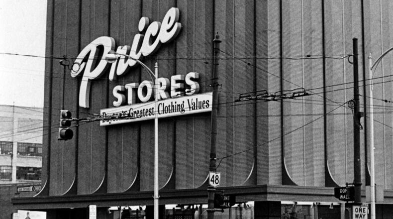 Exterior shot of Price Stores, 1972. At the time of the photo, the building’s old brick exterior had recently been covered with a modern metal facade. The store is at Fourth and Jefferson streets in downtown Dayton. DAYTON DAILY NEWS ARCHIVES
