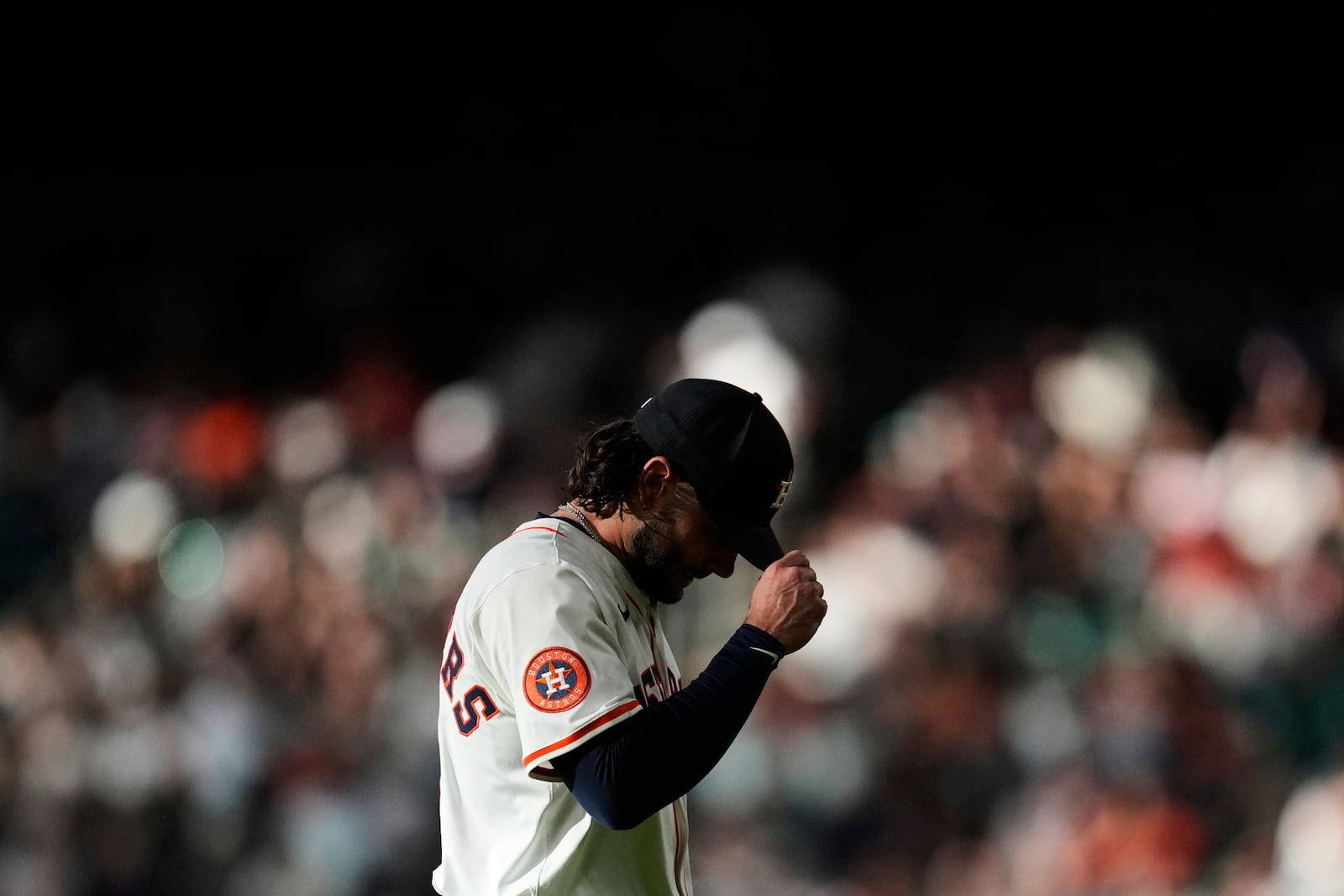 Houston Astros starting pitcher Lance McCullers Jr. leaves the mound during the first inning of a baseball game against the Cincinnati Reds in Houston, Saturday, May 10, 2025. (AP Photo/Ashley Landis)