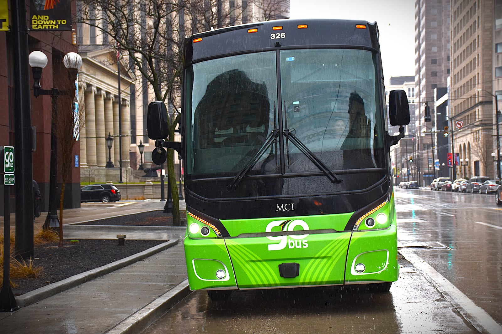 GoBus motor coaches heading south to Cincinnati and north to Toledo stop in downtown twice a day. GoBus launched new bus service this month connecting Dayton, Middletown, Oxford, Springfield and Yellow Springs to many other Ohio cities. CORNELIUS FROLIK / STAFF