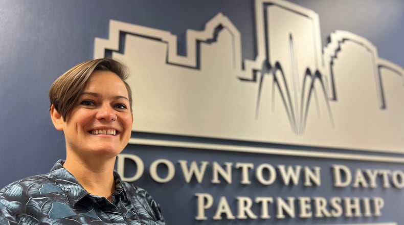 Katie Meyer, the executive director of the Downtown Dayton Partnership, took over the organization on Sept. 5, 2023. CORNELIUS FROLIK / STAFF