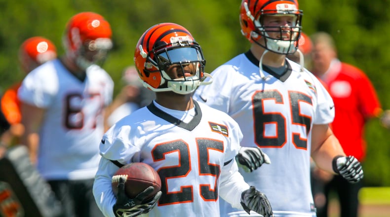 Bengals running back Giovani Bernard (25) runs a play during the first OTA practice of the year, Tuesday, May 24, 2016. GREG LYNCH / STAFF