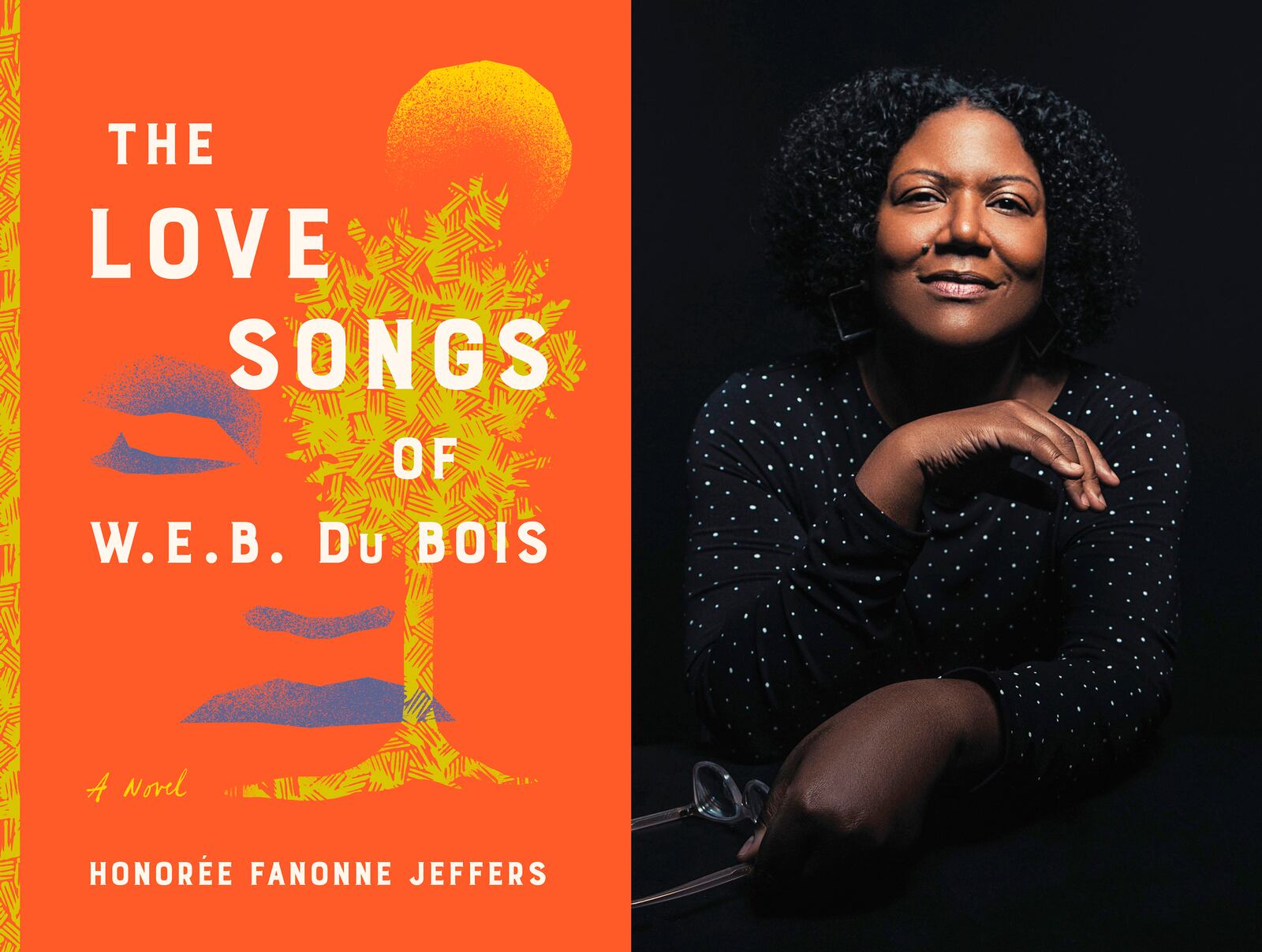 This combination of photos released by Harper shows cover art for "The Love Songs of W.E.B. DuBois," left, and a portrait of author Honorée Fanonne Jeffers. The novel about racism, resilience and identity named for the influential Black scholar and activist, is the winner of the fiction prize for the Dayton Literary Peace Prize. PHOTO BY SYDNEY A. FOSTER/HARPER via AP