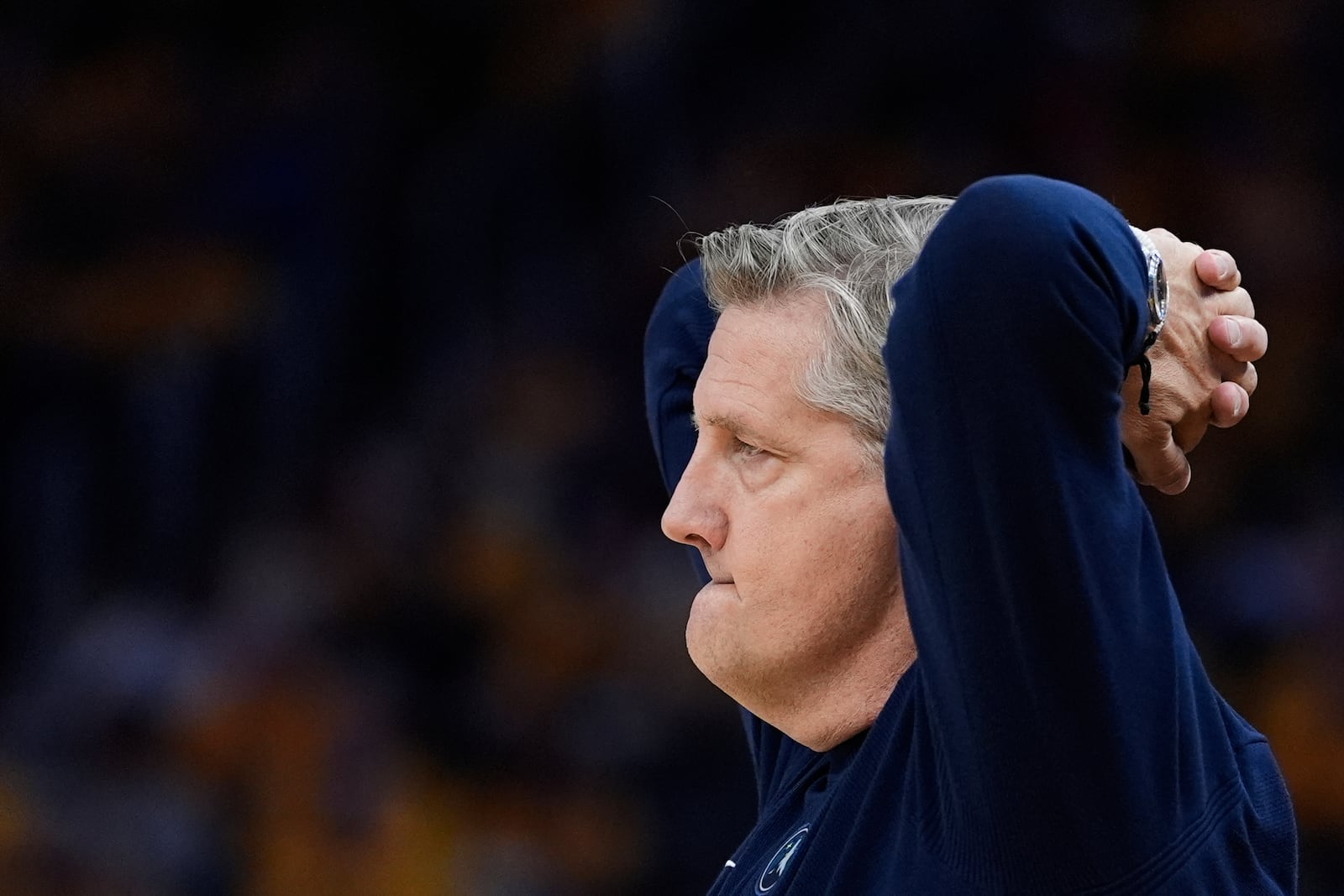 Minnesota Timberwolves head coach Chris Finch watches during the first half of Game 3 of an NBA basketball second-round playoff series against the Golden State Warriors, Saturday, May 10, 2025, in San Francisco. (AP Photo/Godofredo A. Vásquez)