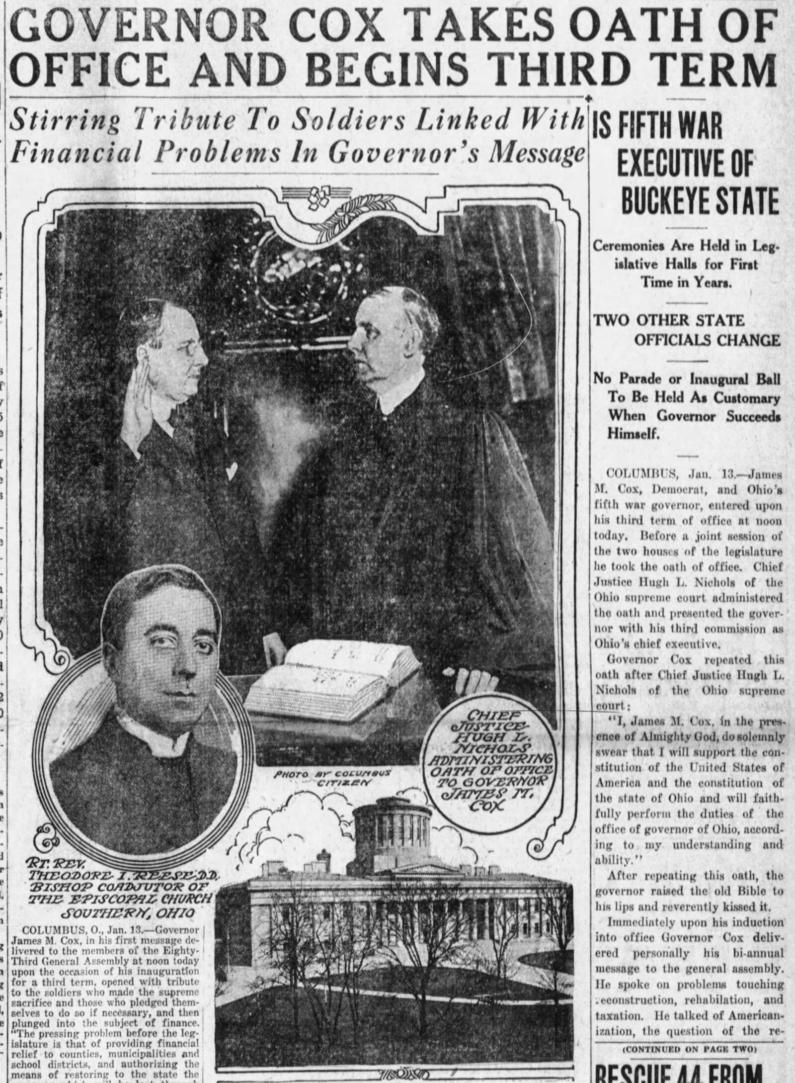 Jan. 13, 1919 - Governor Cox takes oath of office and begins third term. DAYTON DAILY NEWS ARCHIVES