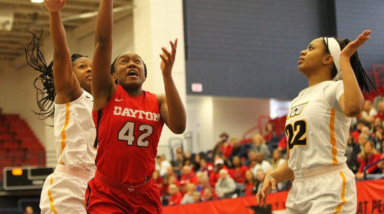 Dayton’s Jayla Scaife shoots against Virginia Commonwealth in the semifinals of the Atlantic 10 Conference tournament on Saturday, March 9, 2019, at the A.J. Palumbo Center in Pittsburgh. David Jablonski/Staff