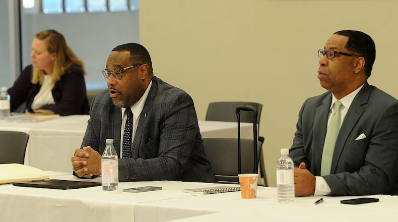 Central State University, Board of Trustees, from left, Board Chair, Mark Hatcher and Secretary, Marlon R. Moore during a meeting Tuesday, Jan. 17, 2023. MARSHALL GORBY\STAFF