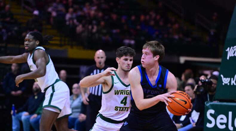 Wright State's Keaton Norris applies the pressure to an Air Force player during their game at the Nutter Center on Nov. 30, 2024. Joe Craven/Wright State Athletics