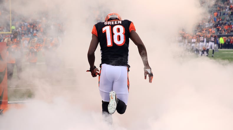 CINCINNATI, OH - OCTOBER 28: A.J. Green #18 of the Cincinnati Bengals runs onto the field before the game against the Tampa Bay Buccaneers at Paul Brown Stadium on October 28, 2018 in Cincinnati, Ohio. (Photo by Andy Lyons/Getty Images)