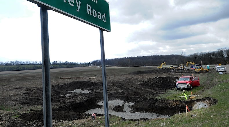 Crews began work Monday March 13, 2023 ahead of schedule
on the $40 million upgrade to the U.S. 35, Trebein and Valley Road intersection that includes a new bridge over U.S. 35 and will carry northbound and southbound traffic between Trebein and Valley roads. MARSHALL GORBY\STAFF