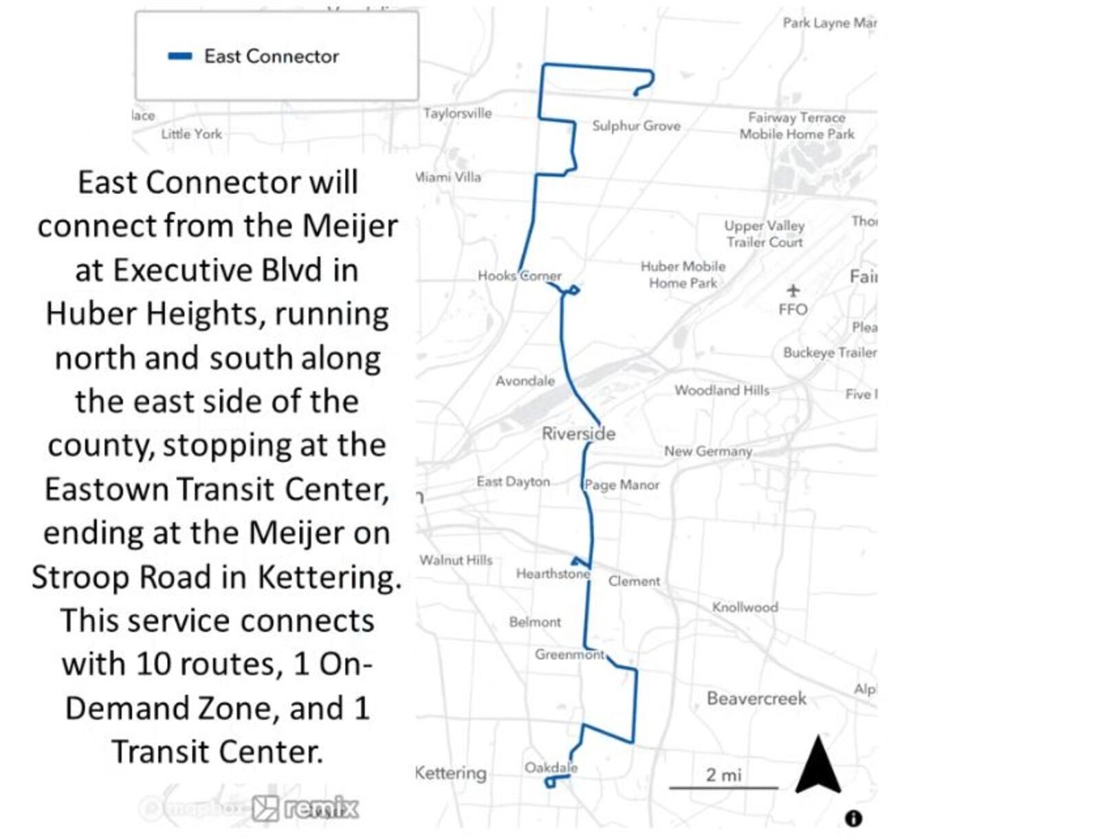 A map of Greater Dayton RTA's proposed East Connector service. CONTRIBUTED