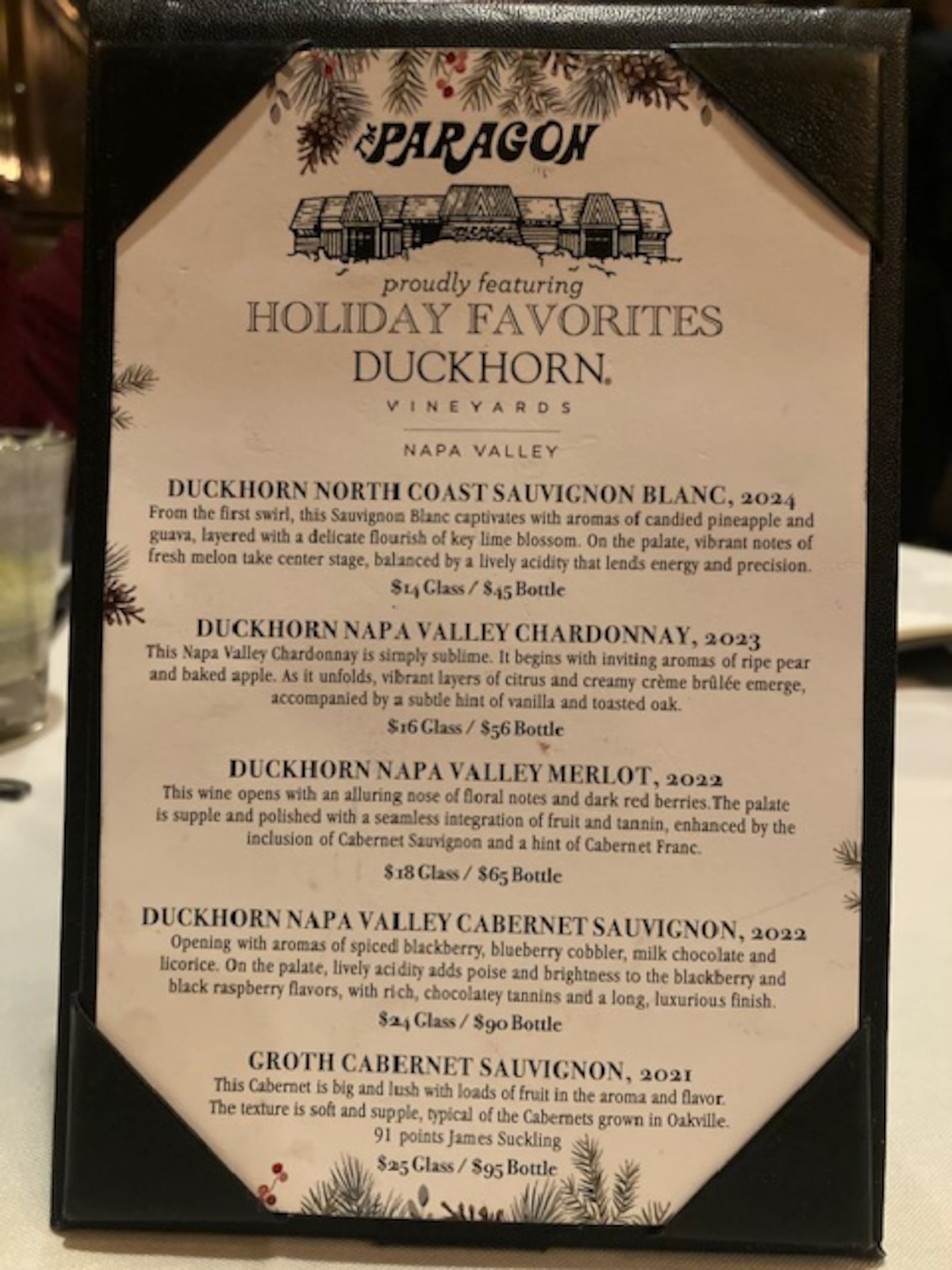 The wine menu at Paragon Supper Club featuring those from Duckhorn Vineyards. RAY MARCANO/CONTRIBUTED